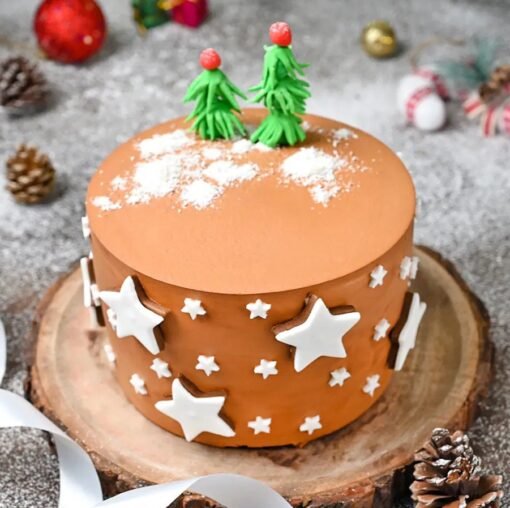 Delicious chocolate Christmas cake shaped like a star, perfect for holiday celebrations.