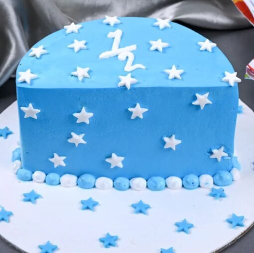 Vanilla Half Cake with Blue and White Stars – A perfect treat for your special occasion.