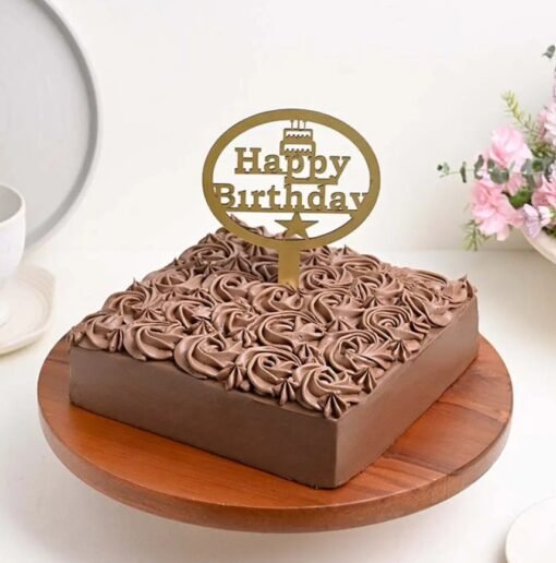 Close-up of a luxurious Rosette Chocolate Cake with smooth chocolate frosting and rosette design