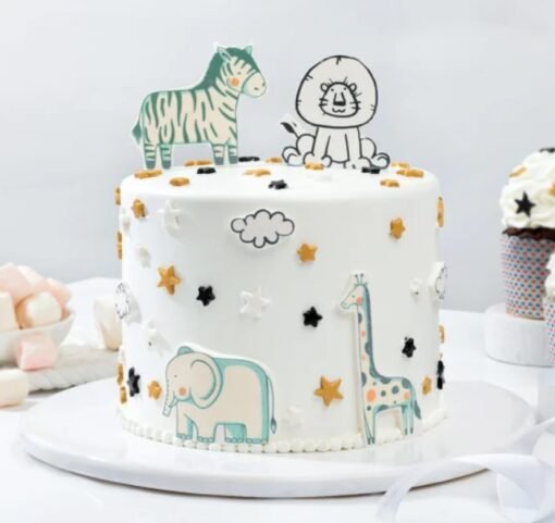 Semi-fondant cake with whimsical animal designs, ideal for children's parties
