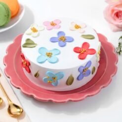 Delicate Flowers and Beads Serene Cake with vibrant floral details and beads