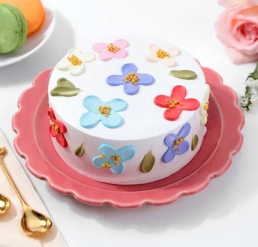 Delicate Flowers and Beads Serene Cake with vibrant floral details and beads