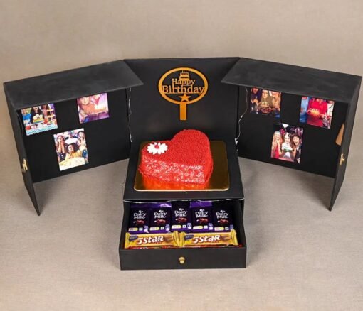 Luxurious Red Velvet Cake and Chocolate Gift Box filled with indulgent treats.
