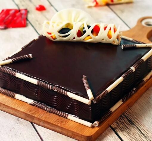 Fresh Fruit Topped Square Chocolate Cake for Special Occasions