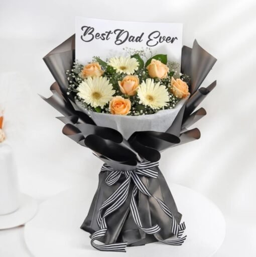 Elegant Father's Day Flowers Bouquet featuring a mix of fresh blooms in bold and calming hues, wrapped beautifully for a heartfelt gift.