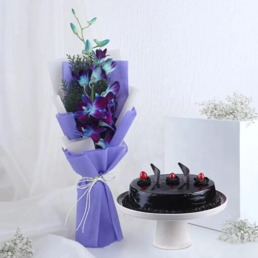 Love In Blooms Combo featuring a vibrant floral bouquet and a delicious cake, perfect for romantic surprises and special occasions.