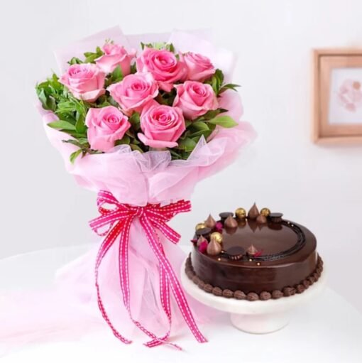 Elegant flower bouquet with a luscious cake, a dreamy gift for anniversaries, birthdays, and romantic surprises.