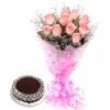 A beautiful bouquet of fresh flowers paired with a delicious cake, creating a delightful gift for any special occasion.