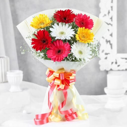 A bright and cheerful Gerberas Radiance Bouquet, featuring fresh, hand-picked gerberas in stunning hues, elegantly arranged for any occasion.