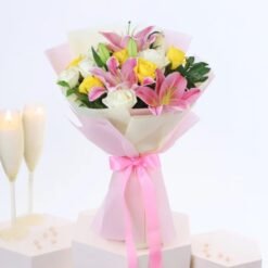 Elegant bouquet of fresh lilies and roses, radiating serenity and charm, perfect for expressing love, gratitude, and peace.