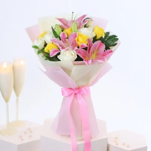 Elegant bouquet of fresh lilies and roses, radiating serenity and charm, perfect for expressing love, gratitude, and peace.