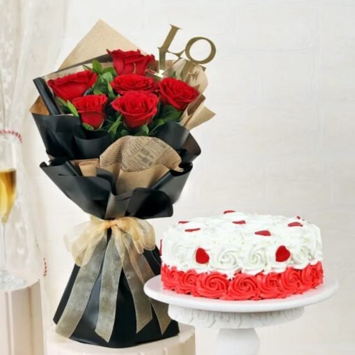Elegant bouquet of scarlet red roses with a delicious treat, perfect for romantic gestures, anniversaries, and special celebrations.