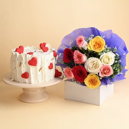 Beautiful heart-shaped cake with a bouquet of mixed roses – the perfect romantic gift for anniversaries, birthdays, and special celebrations.