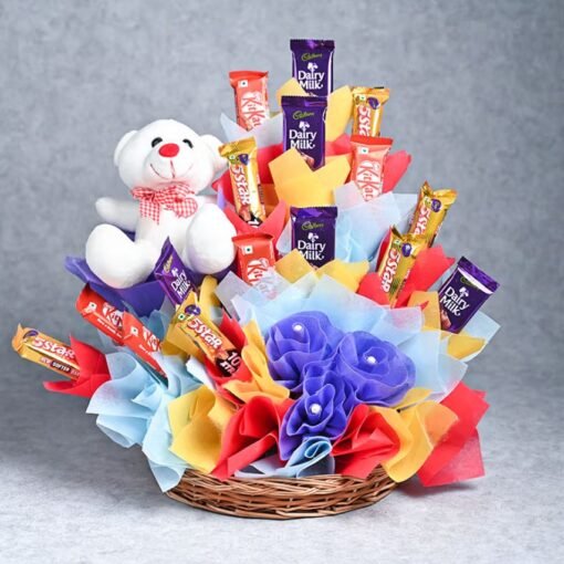 Adorable teddy bear with an elegant chocolate gift set, a perfect choice for expressing love and affection on special occasions.