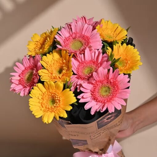 A radiant Colorful Gerberas Bouquet with fresh, hand-picked gerberas in vivid hues, beautifully arranged to brighten any occasion.