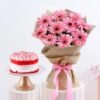 A beautiful bouquet of pink gerberas with a rich red velvet cake, perfect for celebrations, anniversaries, and heartfelt moments.