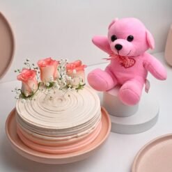 Beautiful rose bouquet, delectable cake, and an adorable teddy bear – a heartwarming gift set for special occasions and celebrations.