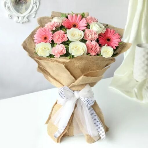 Charming Medley Flower Bouquet featuring a stunning blend of colorful, fresh flowers elegantly arranged for a heartwarming gift.