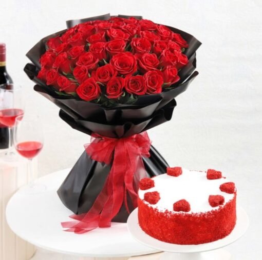 Rosy Velvet Indulgence featuring a rich velvet cake and elegant red roses, perfect for special occasions and romantic surprises.