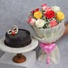 Elegant Truffle Kiss chocolate cake with a bouquet of fresh roses, an exquisite gift for anniversaries, birthdays, and special moments.