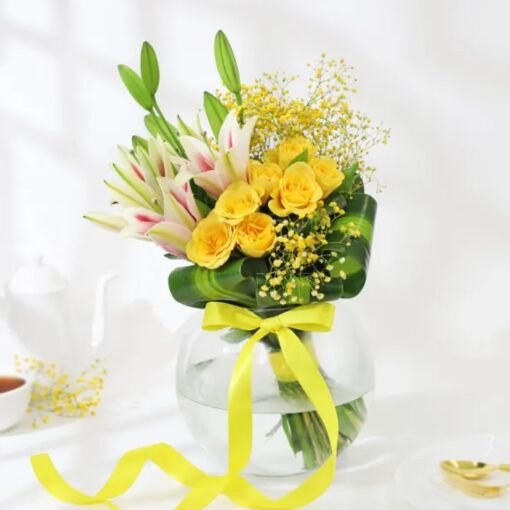 A delicate bouquet of lilies and roses, radiating tranquility and charm – a perfect gift for love, peace, and celebration.