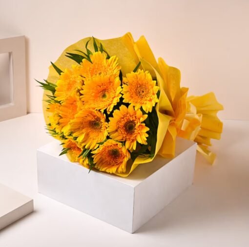Cheerful Yellow Gerberas Bouquet with fresh, sun-kissed blooms arranged beautifully, perfect for spreading happiness and positive vibes.