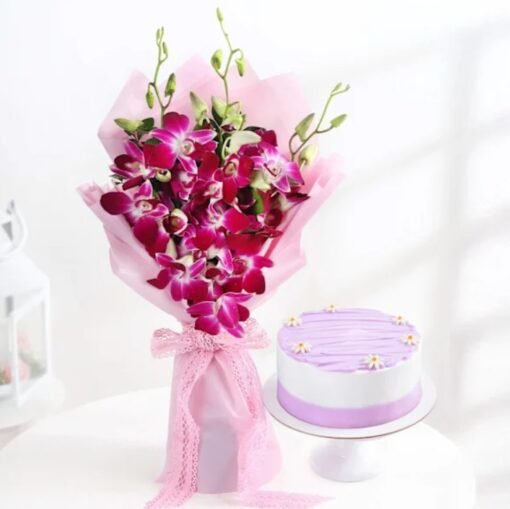 Elegant floral bouquet paired with a delectable cake, ideal for birthdays, anniversaries, and celebrations.