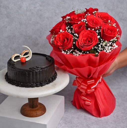 Crimson Love Delight Combo with red roses and delightful treats, an ideal romantic gift for anniversaries, birthdays, and special occasions.