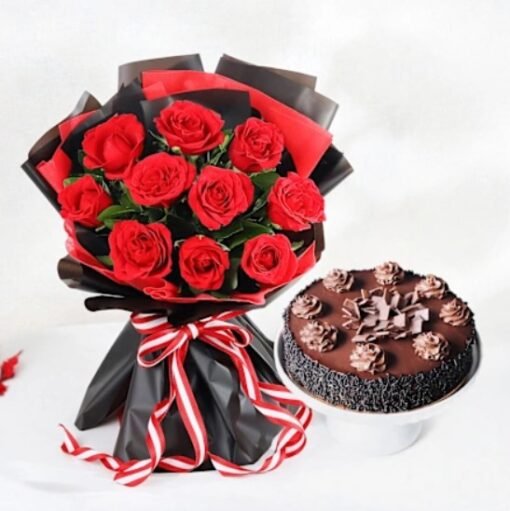 A romantic gift combo featuring fresh roses and a delicious cake, ideal for anniversaries, birthdays, and heartfelt surprises.