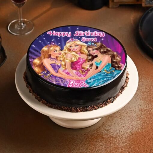 Barbie’s Magical Moments Cake featuring a glamorous Barbie doll topper, pastel layers, and magical fondant decorations.