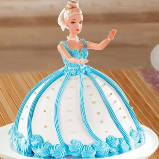 Barbie doll cake wearing an icy‑blue buttercream gown with silver sprinkles and fondant ruffles, perfect for a princess‑themed birthday.