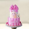 Barbie-themed cake with a large fondant bow and stylish pink design, perfect for fashion lovers.