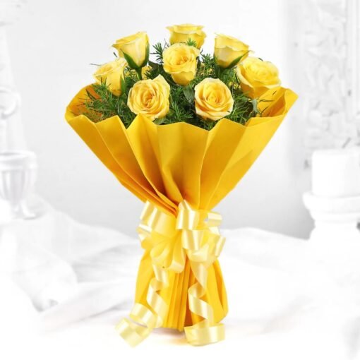 Yellow roses bouquet wrapped in cheerful packaging, symbolizing happiness and sunshine.