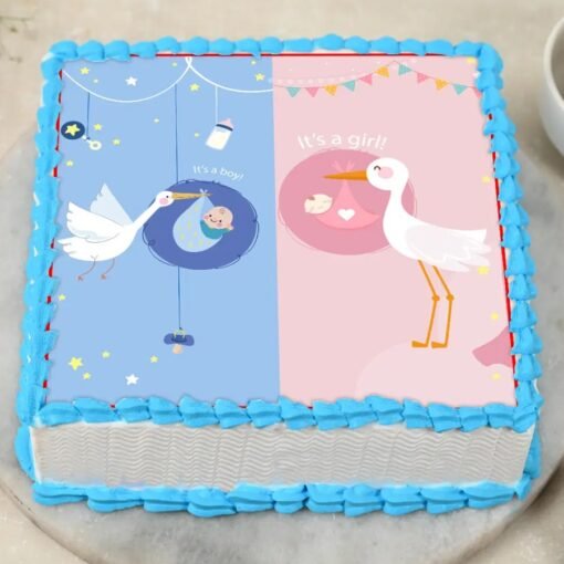 Elegant baby shower cake with pastel decorations and baby-themed toppers.