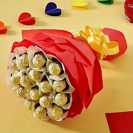 Elegant bouquet of Ferrero Rocher chocolates in rich chocolate‑gold paper, tied with a satin ribbon.