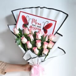 Elegant bouquet of roses with a “Mom You Are Amazing” message, perfect for Mother’s Day or birthdays.