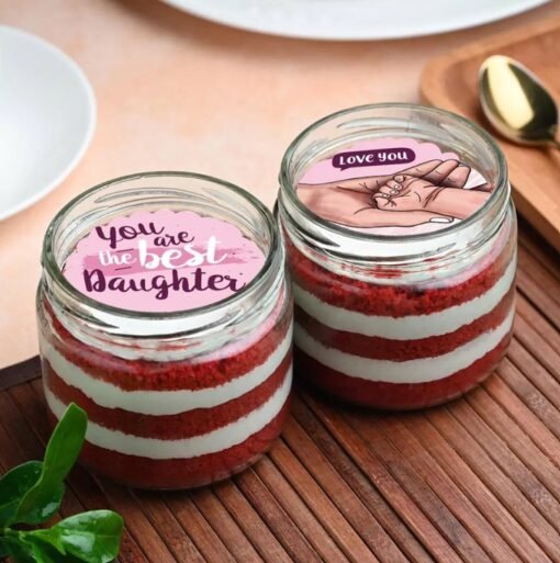 Red velvet jar cake with cream cheese layers and Daughter’s Day tag.