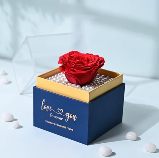 Flaming Kiss of Preserved Rose – vibrant preserved red rose in a timeless decorative setting.