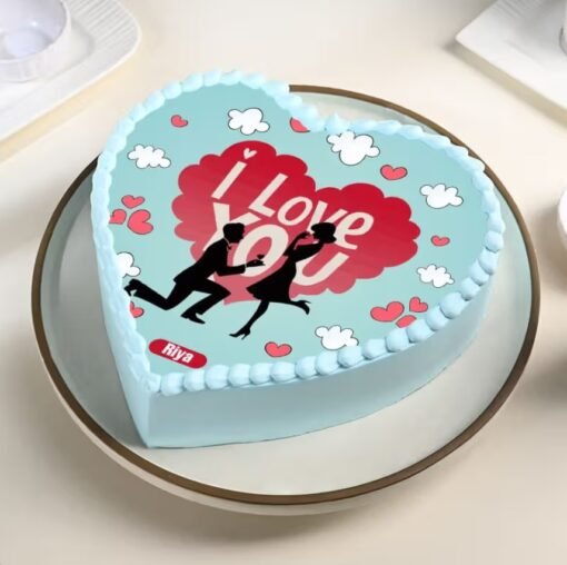 Heart-shaped cake with "I Love You" written on top, ideal for romantic proposals.