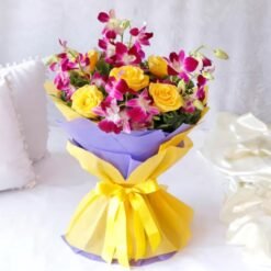 A stunning bouquet of fresh roses and orchids, beautifully arranged for a touch of elegance and charm.