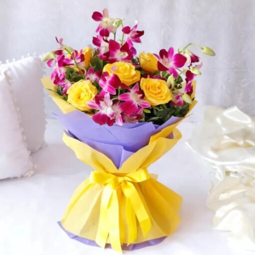 A stunning bouquet of fresh roses and orchids, beautifully arranged for a touch of elegance and charm.