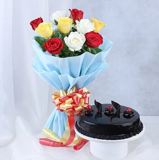 Father’s Day bouquet of mixed roses in assorted vibrant colors.