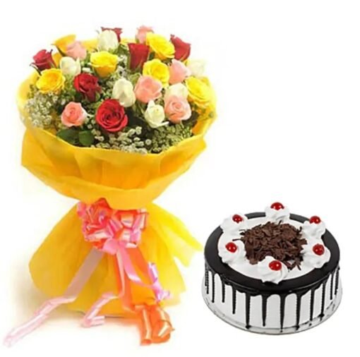 Floral gift combo featuring assorted blooms and sweet delights.