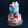 Baby shower cake with fondant teddy bears, pastel decorations, and baby-themed elements.