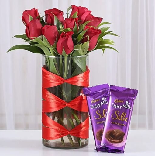 Romantic flower bouquet with assorted sweet treats gift combo.