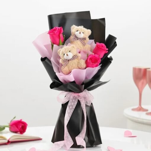 A romantic bouquet of red roses accompanied by a soft teddy bear – a perfect gift combo for love and affection.