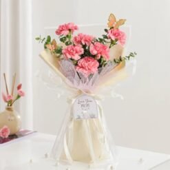 Mother’s Day Carnations Bouquet — elegant bouquet of pink, red, and white carnations, symbolizing love, admiration, and gratitude for Mom.