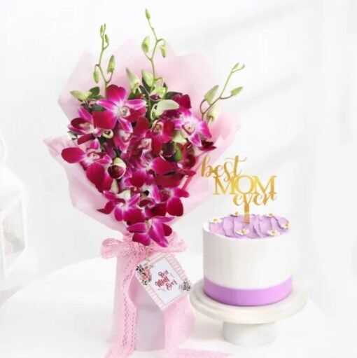 Mother’s Day Orchids Vanilla Cake Combo — beautiful orchid bouquet paired with a classic vanilla cake, perfect for celebrating Mom’s elegance and sweetness.