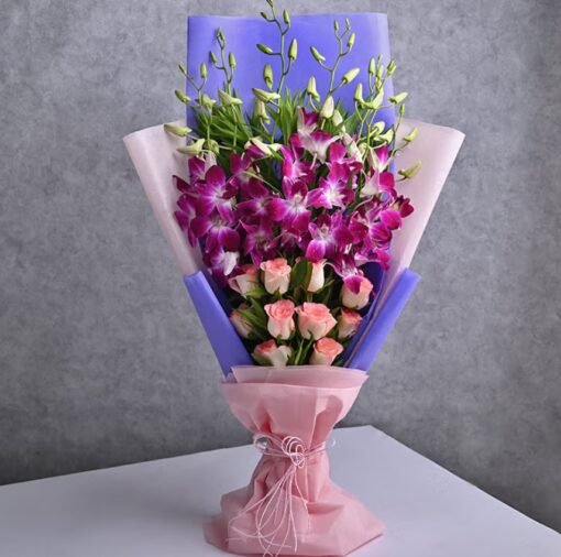 A stunning bouquet of blushing roses and elegant orchids, perfect for romantic gestures, anniversaries, and heartfelt surprises.