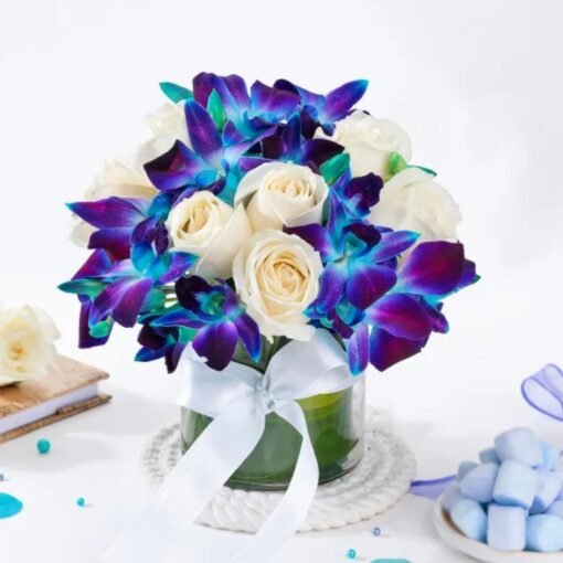 A stunning bouquet of pure orchids and roses, radiating serenity and grace, perfect for heartfelt gifting and special celebrations.